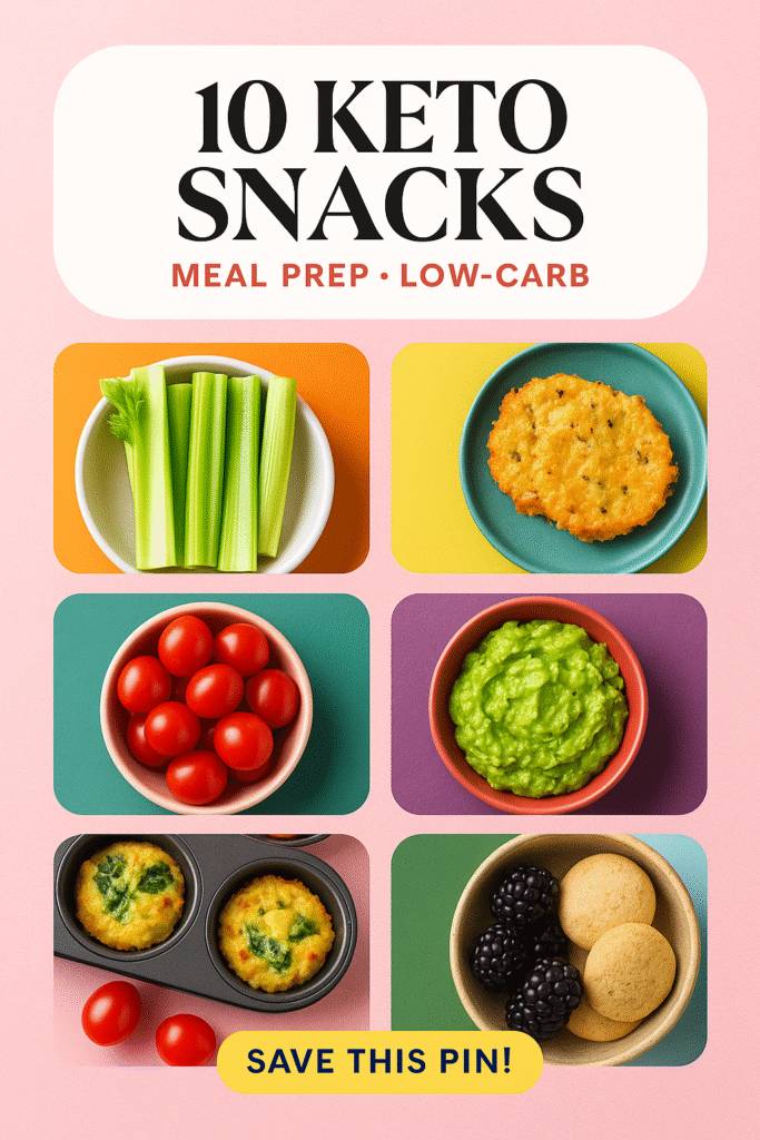 10 keto snack ideas for healthy low-carb meal prep – includes cheese crisps, fresh vegetables, nuts, berries, and other colorful keto-friendly foods.